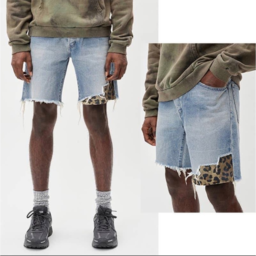 Men’s NWT JOHN ELLIOTT Bozeman Denim Shorts Raw Hem Indigo Cheetah Size: 29
